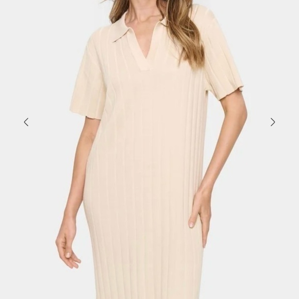 H&M Rib-knit Women Dress V-neck Short Sleeve Light Beige Ladies Size XL